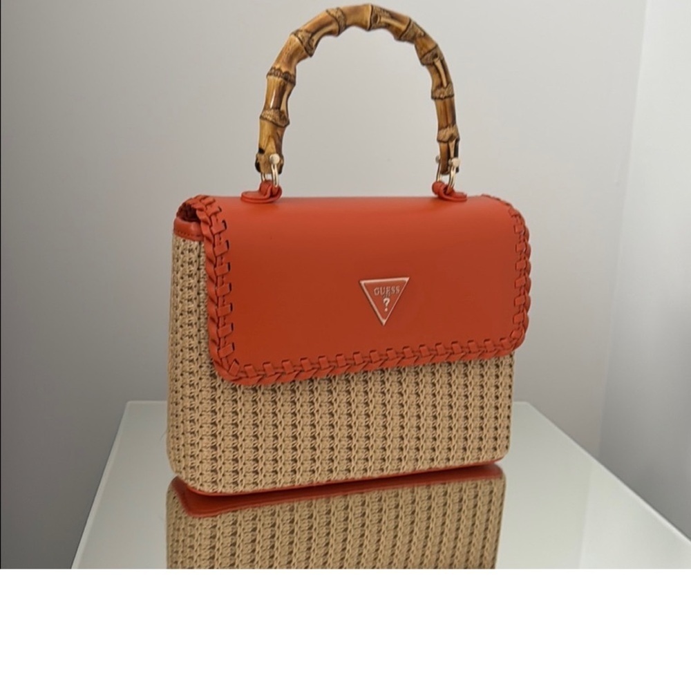 New GUESS Orange and Tan Satchel with Woven Design